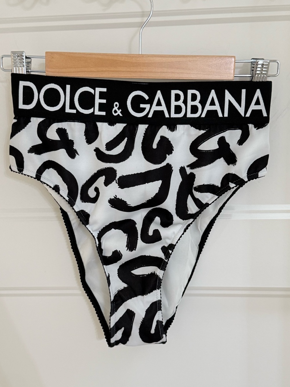 DOLCE & GABBANA BLACK WHITE GRAPHIC LOGO HIGH BRIEF WOMEN'S UNDERWEAR